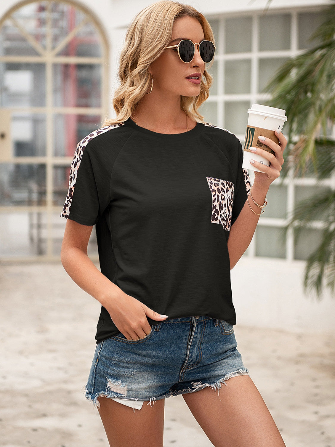 Pocketed Leopard Round Neck Short Sleeve T-Shirt