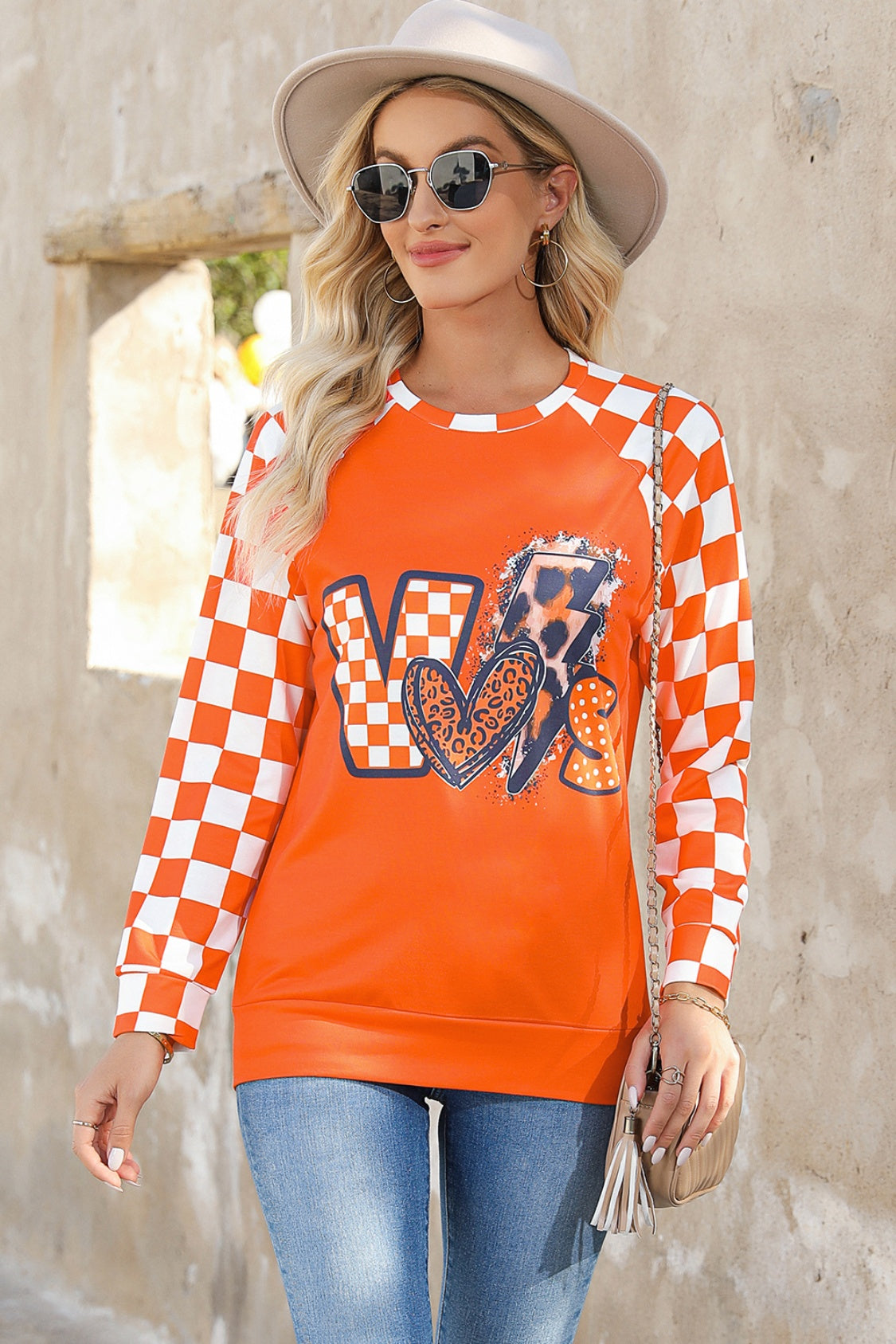 Checkered Round Neck Long Sleeve Sweatshirt