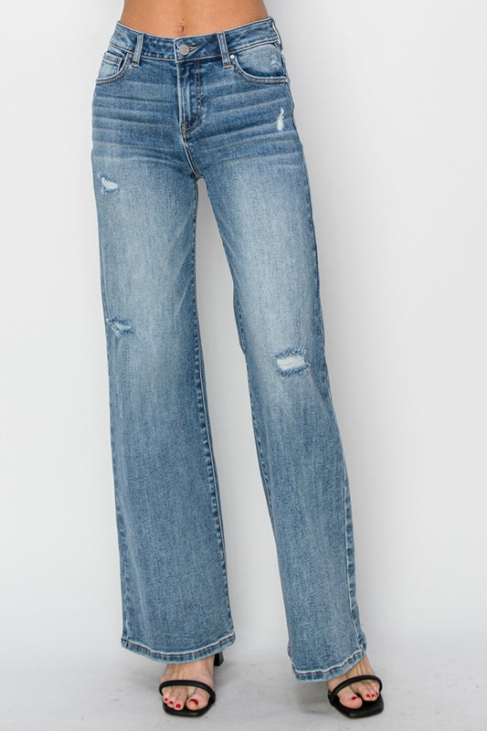 RISEN Full Size High Waist Distressed Wide Leg Jeans