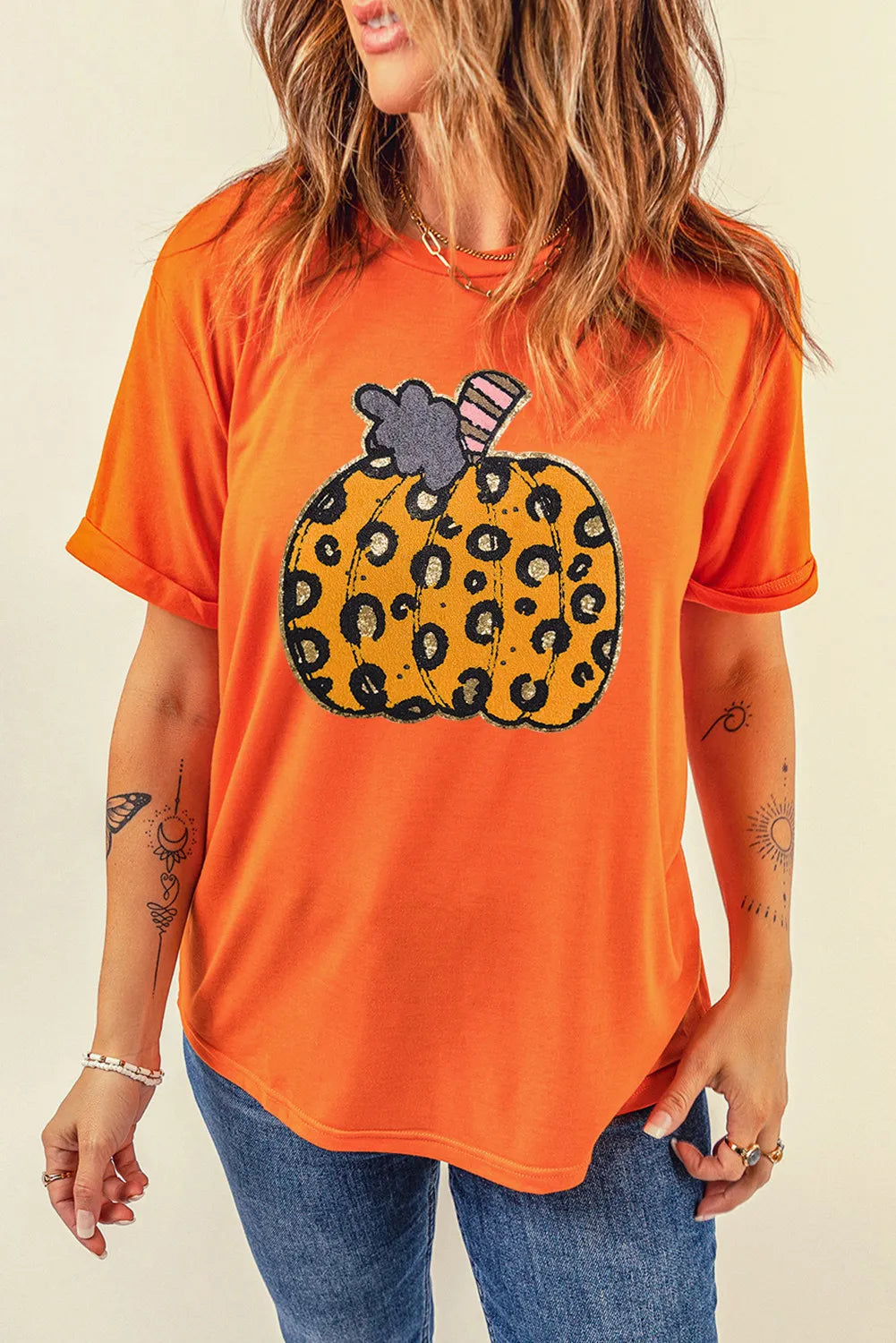 Pumpkin Round Neck Short Sleeve T-Shirt