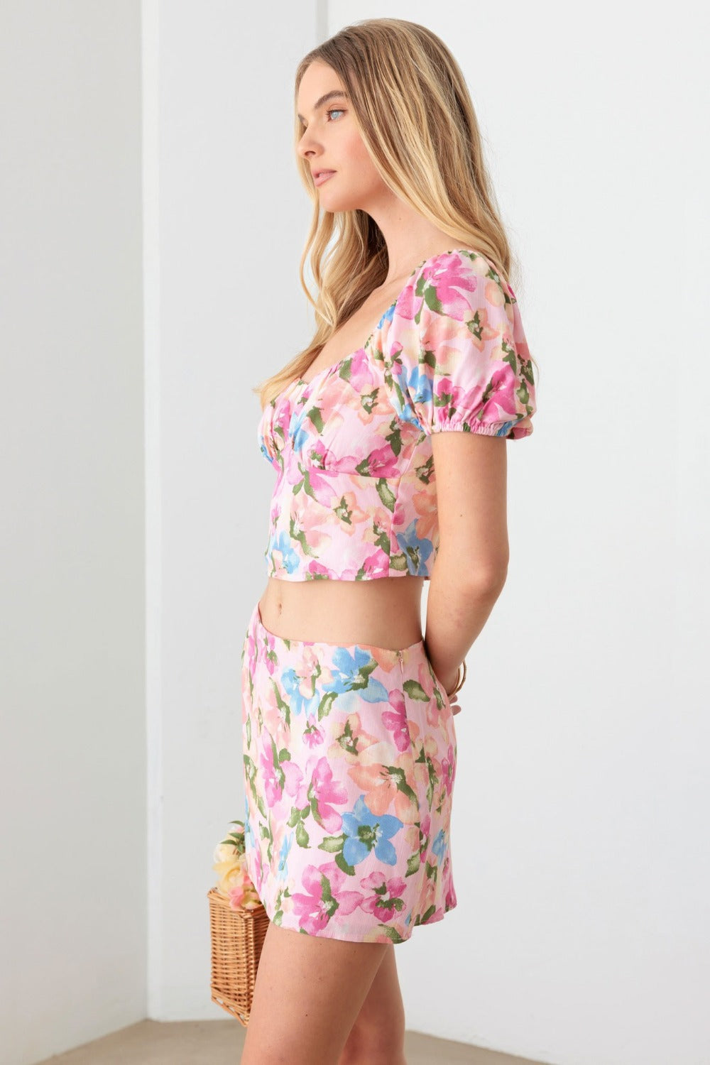 Le Lis Floral Puff Sleeve Crop Top and Mini Skirt Set
