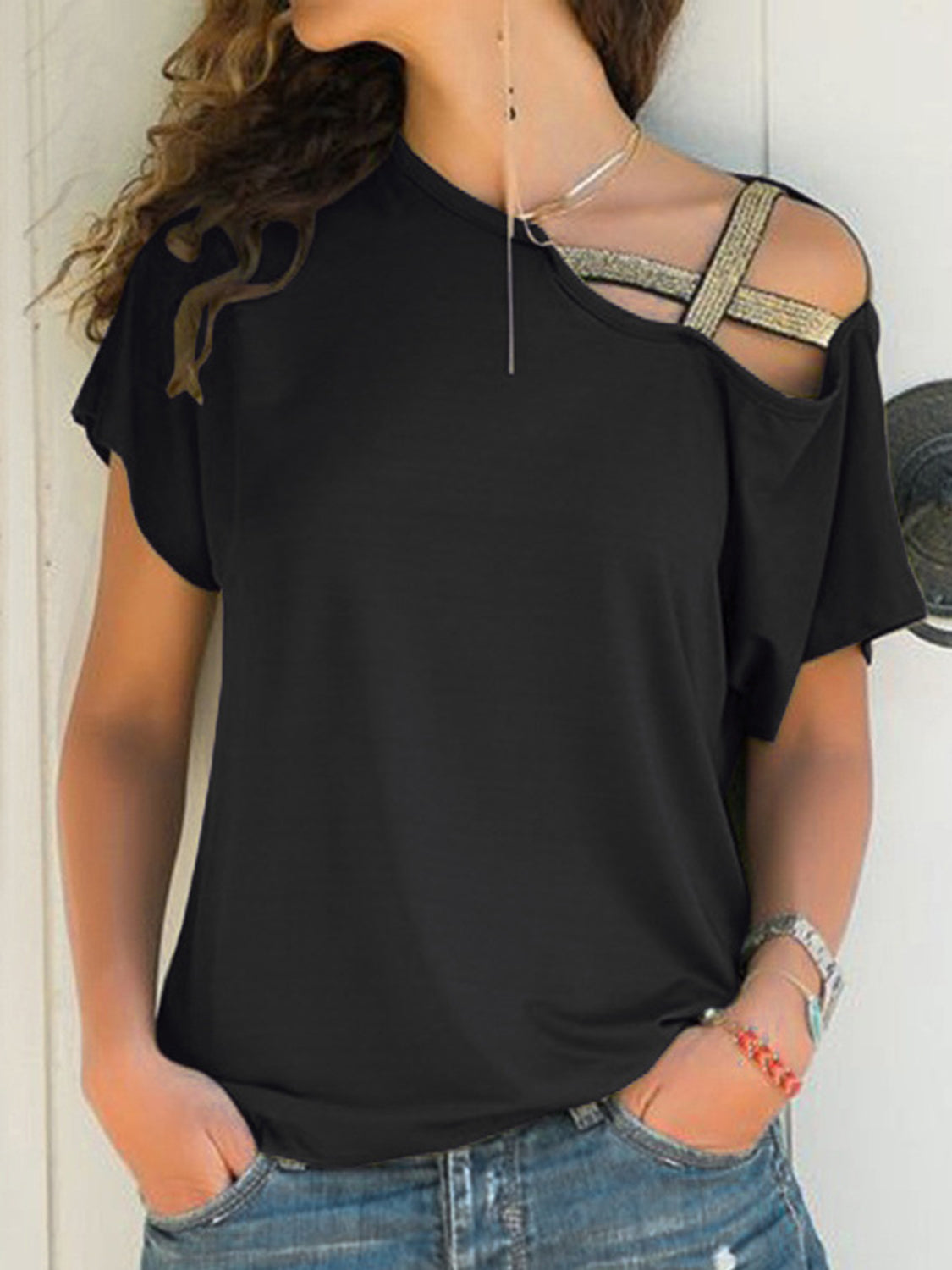 Asymmetrical Neck Short Sleeve T-Shirt