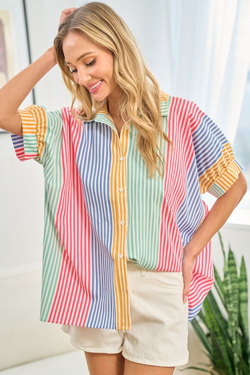 First Love Full Size Striped Button Down Short Sleeve Shirt