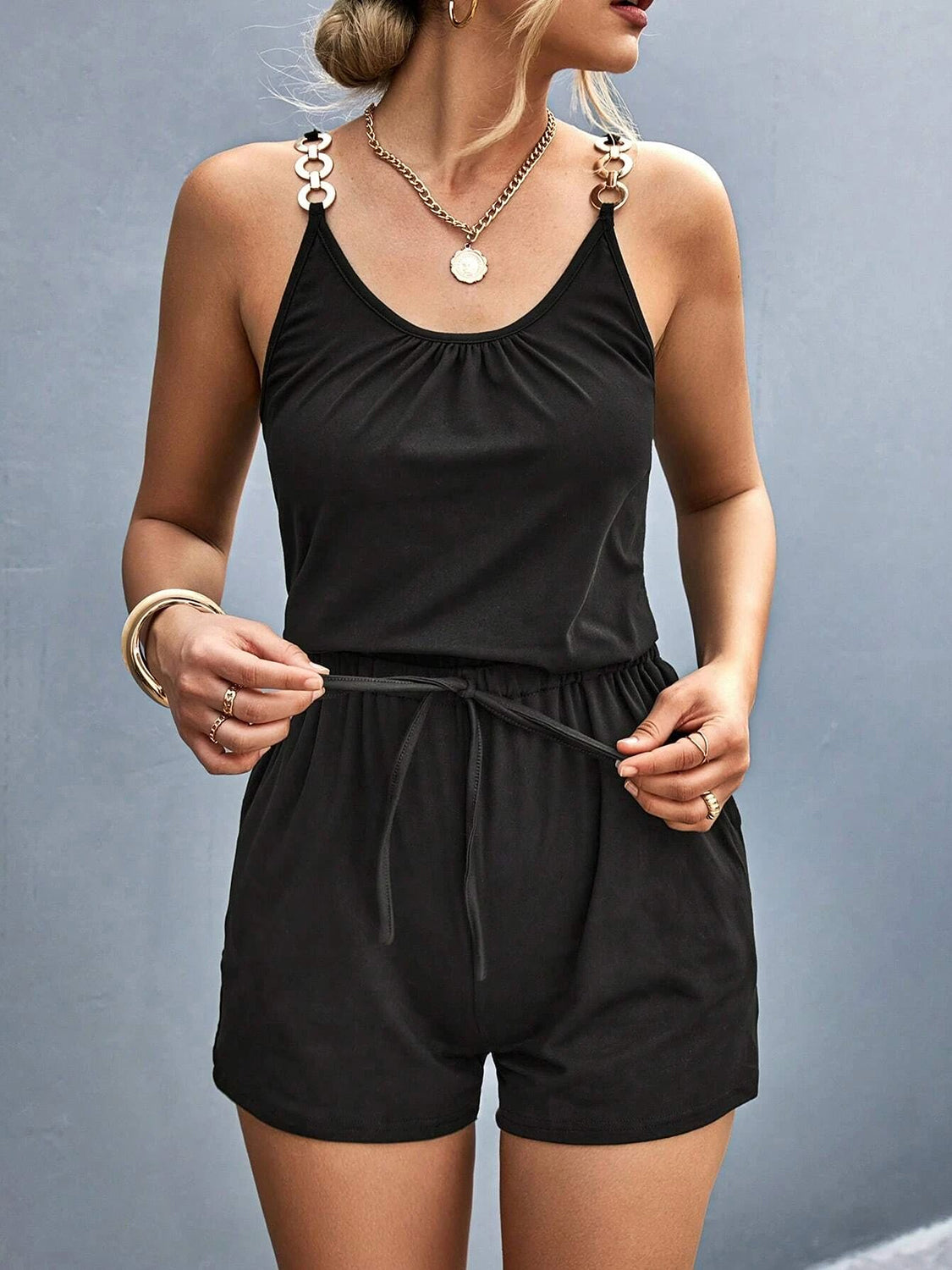 Pocketed Buckle Trim Scoop Neck Romper