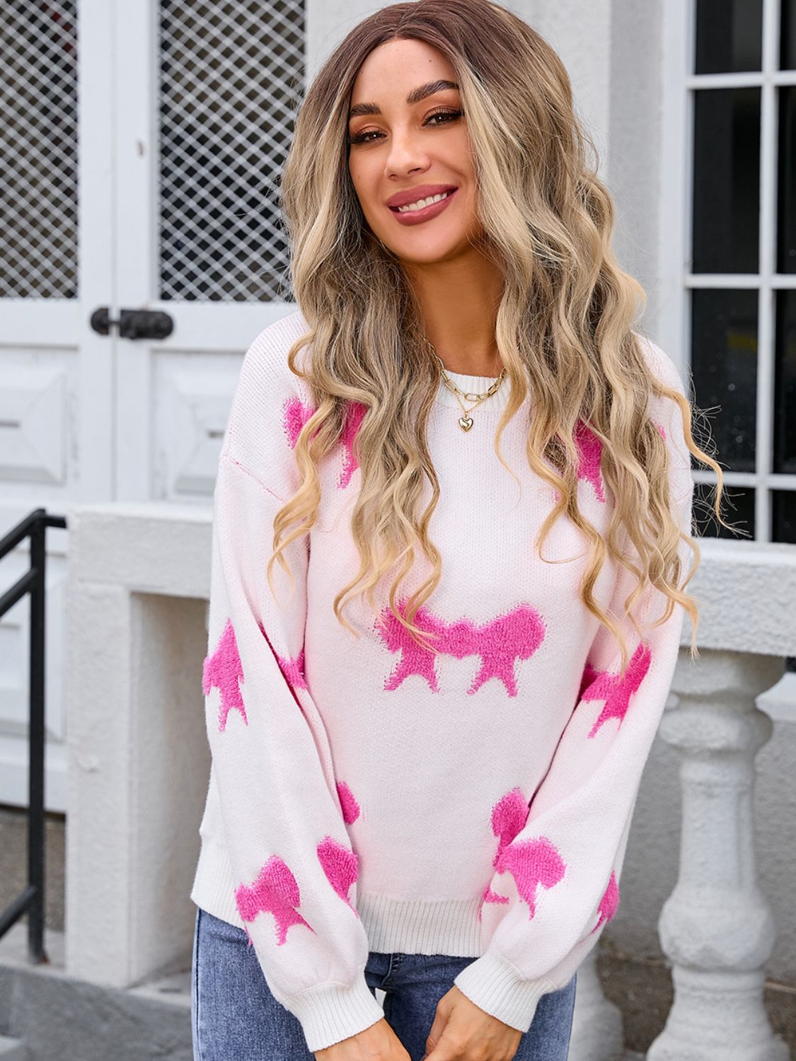 Bow Round Neck Dropped Shoulder Sweater