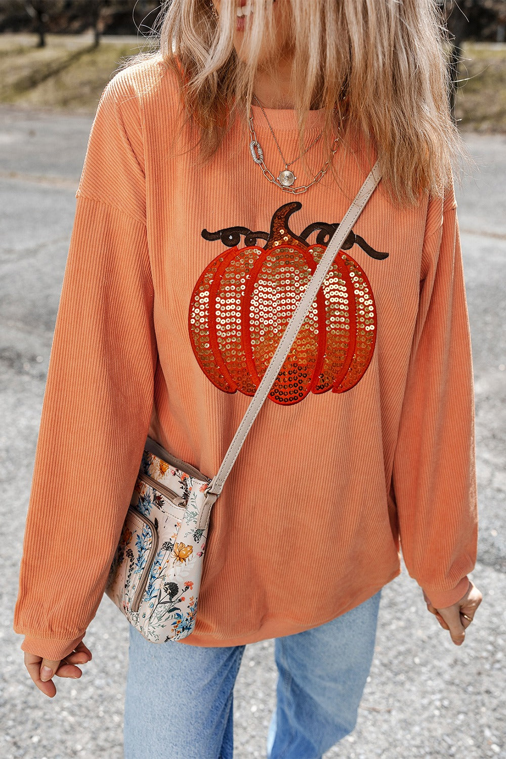 Sequin Pumpkin Round Neck Long Sleeve Sweatshirt