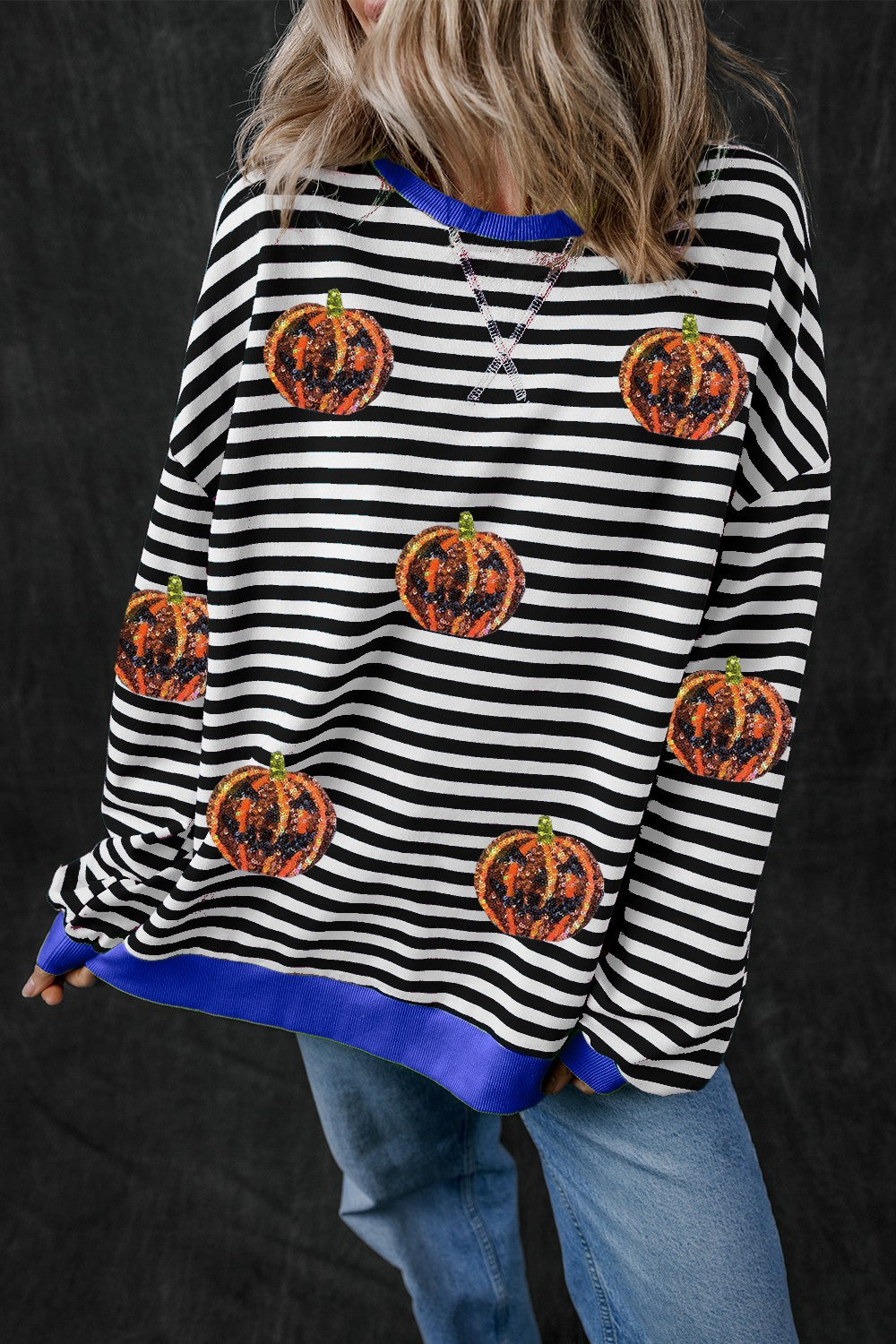 Pumpkin Striped Round Neck Long Sleeve Sweatshirt